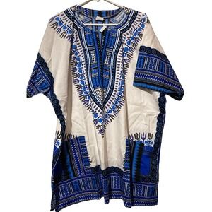 Colorful Tribal Patterned Tunic Oversized One Size Blue white Black NWT